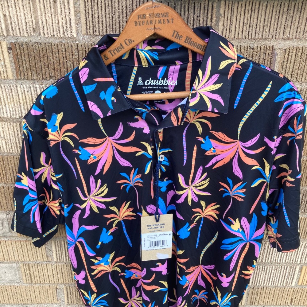 Chubbies Men's Small Neon Tropical Hawaiian Shirt Golf Polo‎ Night Club Havana